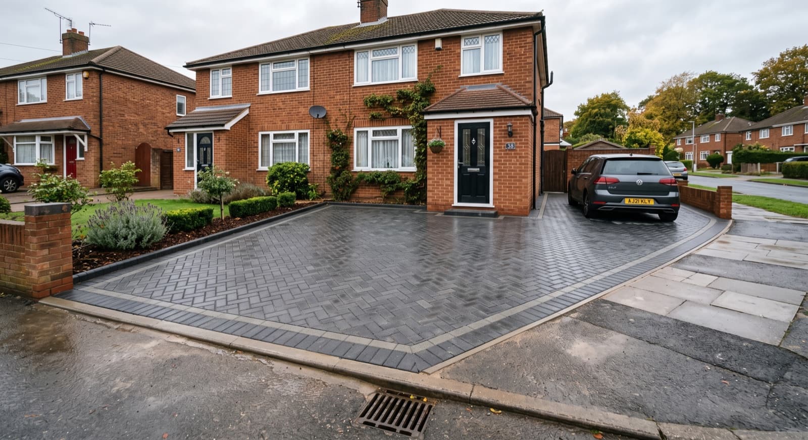 Driveways in Worcester: a newly laid grey block-paving driveway with a soldier-course border in front of a red-brick semi-detached home