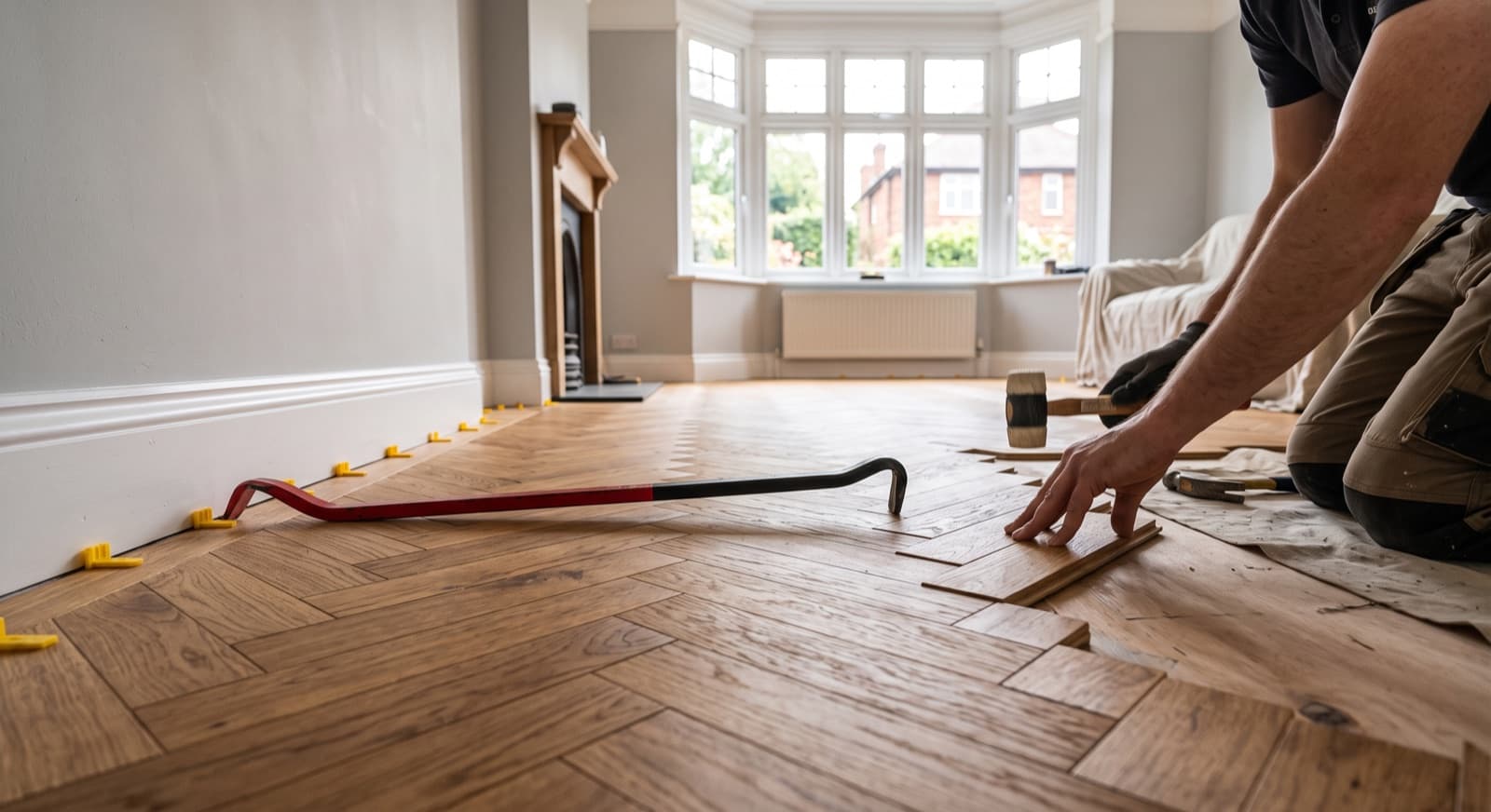 Flooring in Evesham: engineered-oak herringbone flooring being laid in a period living room with a bay window