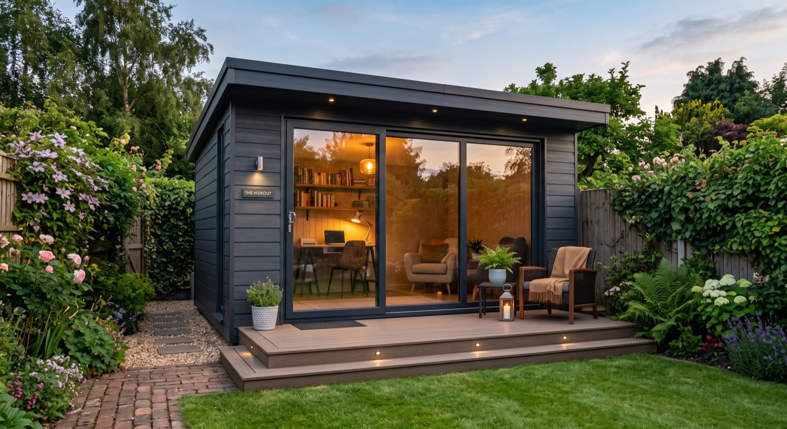 Garden Rooms in Worcester: a modern insulated garden room studio with grey cladding, glazed sliding doors and a composite deck