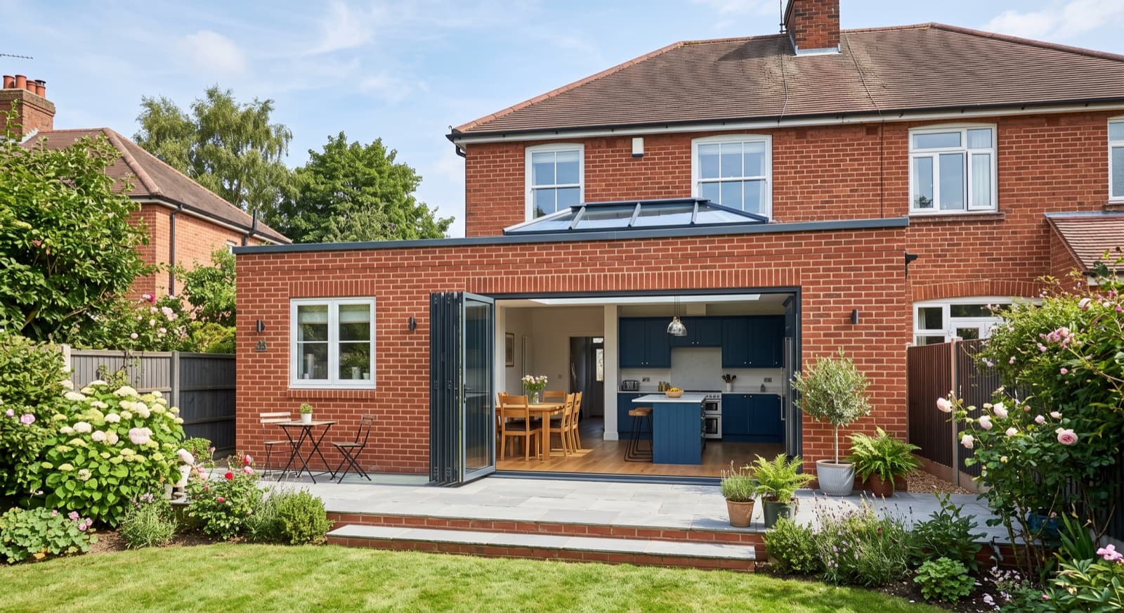 House Extensions in Worcester: a single-storey rear extension with aluminium bi-fold doors, a glazed roof lantern and an open-plan kitchen-diner