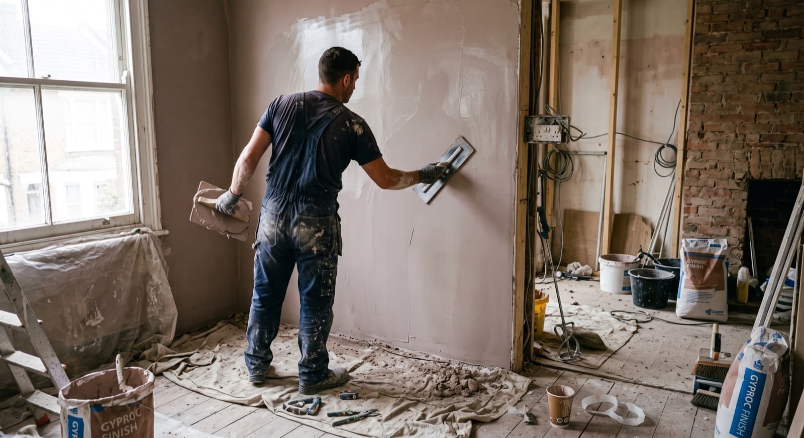 Plastering in Worcester: a plasterer skimming a wall to a smooth finish in a period home being renovated