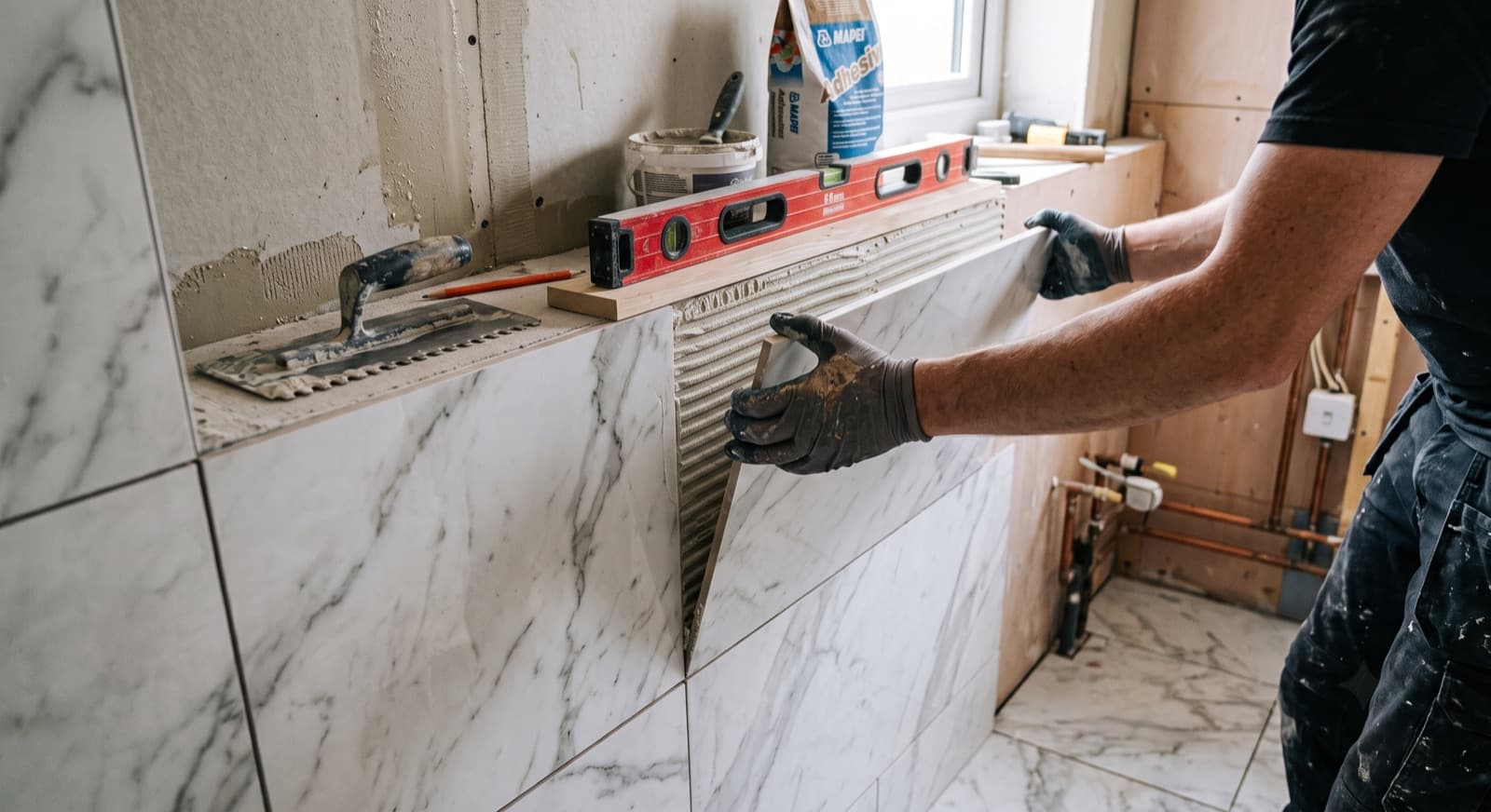 Tiling in Worcester: a tiler fixing large-format marble-effect porcelain wall tiles with notched adhesive and a spirit level