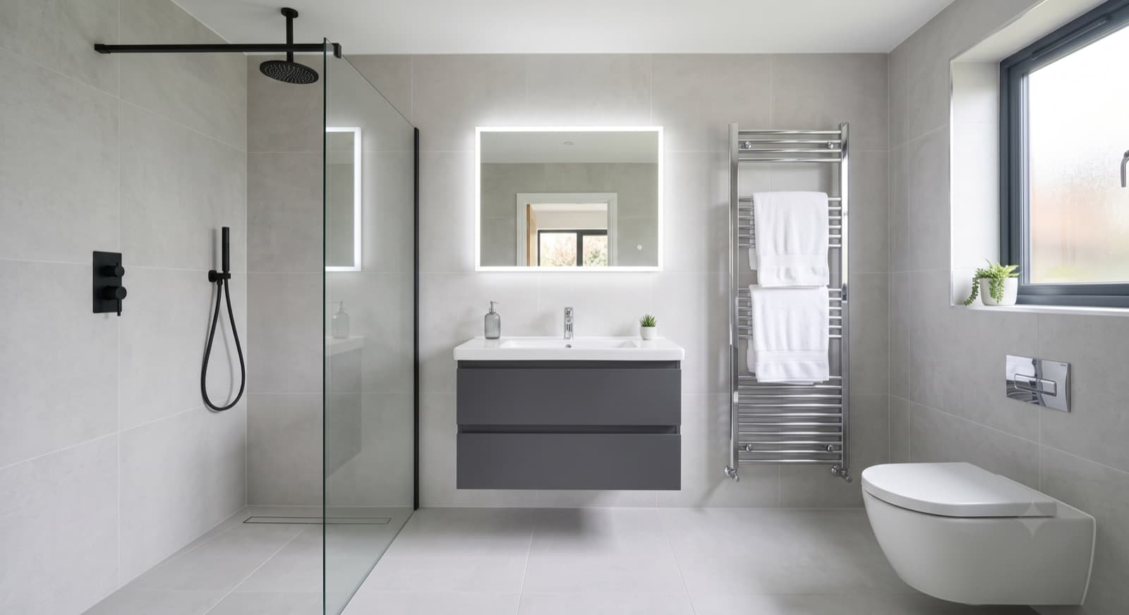 Bathroom Fitters in Worcester: a modern fitted bathroom with a glass walk-in shower, a black rainfall head, grey large-format tiling, a wall-hung vanity unit and a chrome heated towel rail