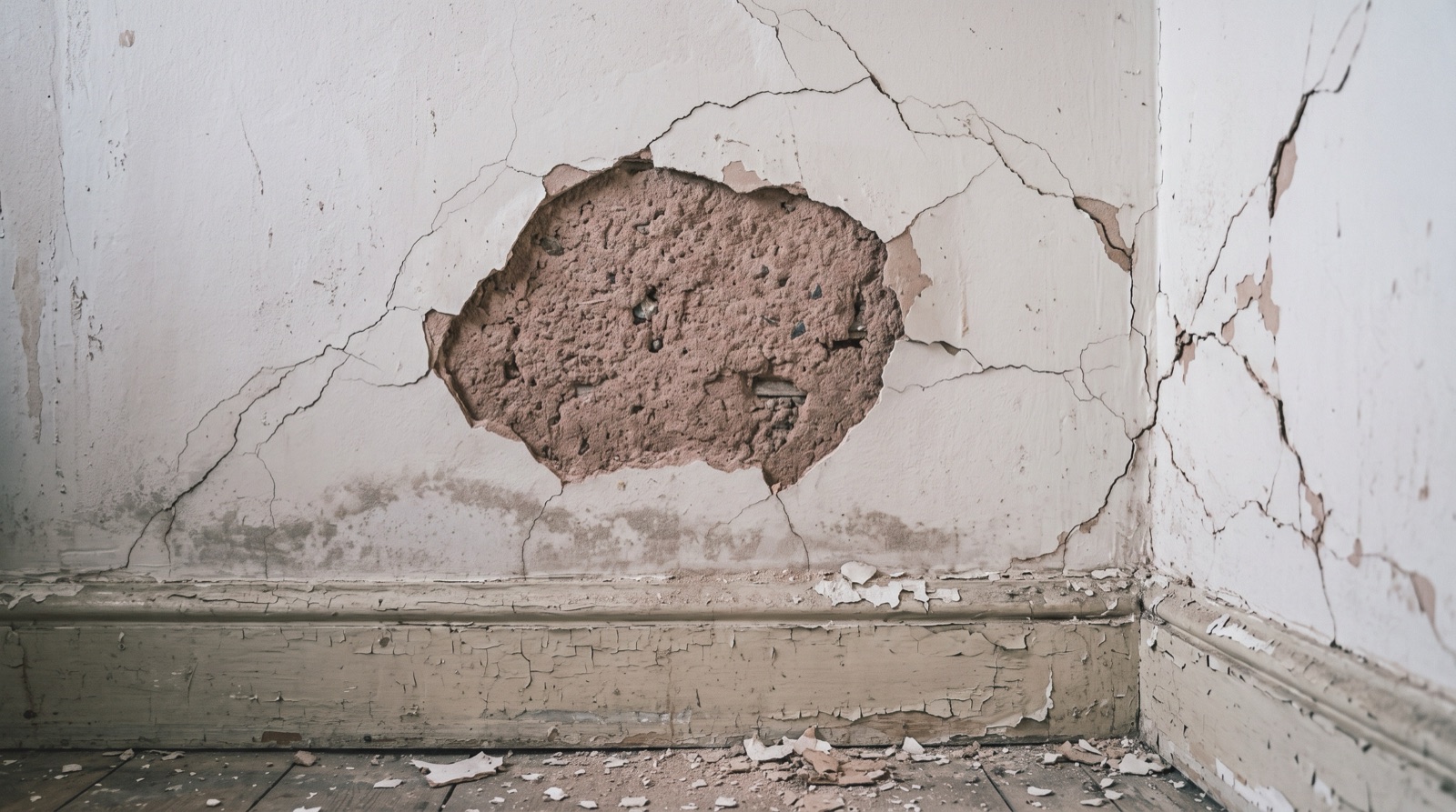 Blown plaster with cracks and damp staining showing the backing coat beneath
