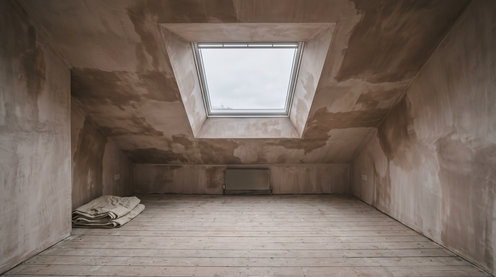Freshly plastered loft bedroom under a dormer with a Velux rooflight