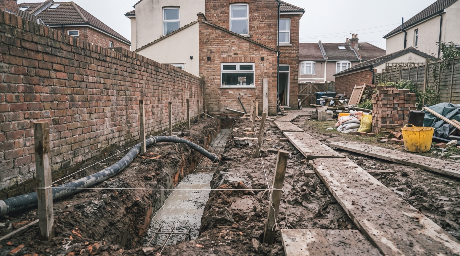 Footings trench part-filled with concrete for a rear extension