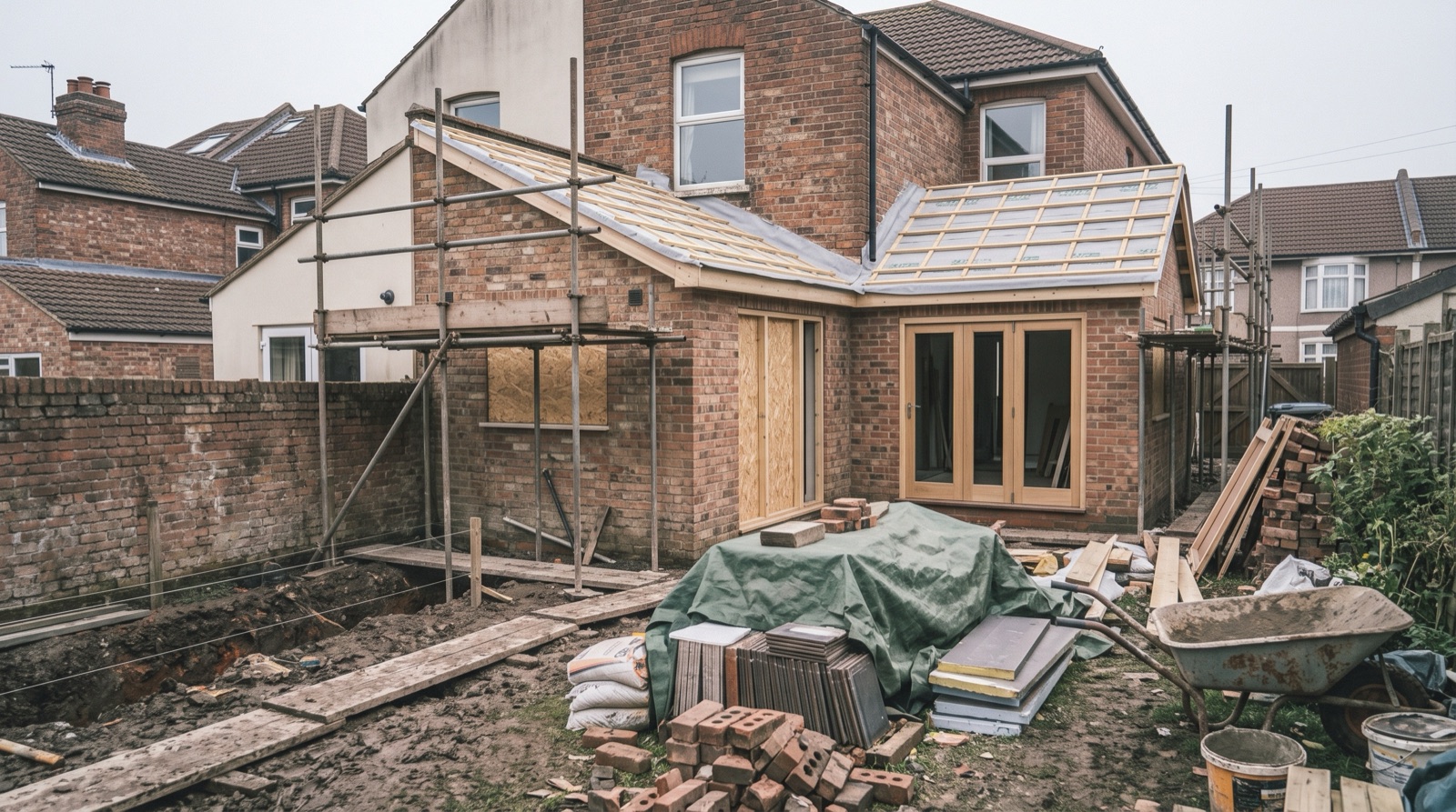 Rear extension at weathertight stage with membrane and battens on the roof