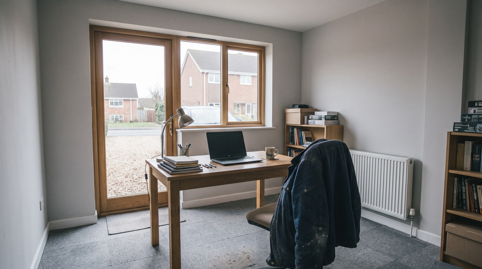 Garage conversion finished as a home office with a window where the door was
