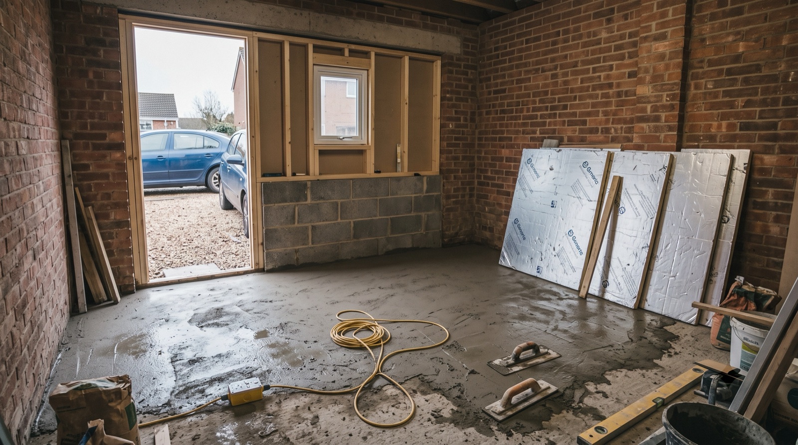 Integral garage mid-conversion with the door opening infilled in stud and block