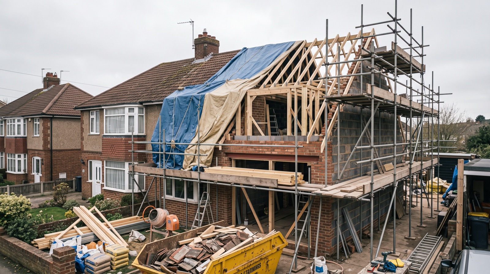 Hip-to-gable loft conversion in progress with the new gable wall part-built