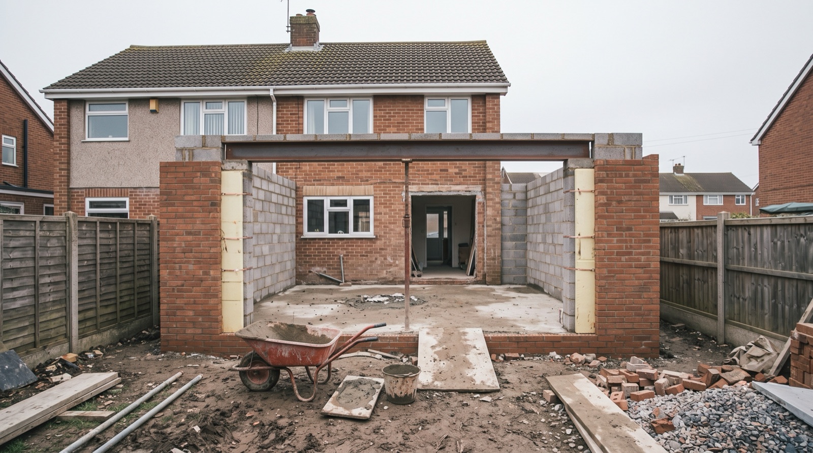 Single-storey rear extension shell in blockwork with a steel beam over the opening
