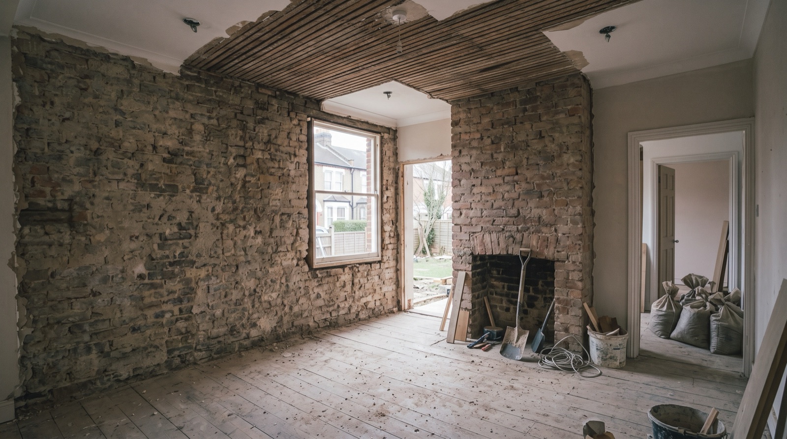 Victorian terrace front room stripped back to brick and lath during renovation