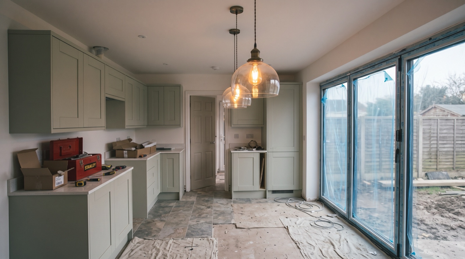 Kitchen extension at snagging stage with protective film still on the doors