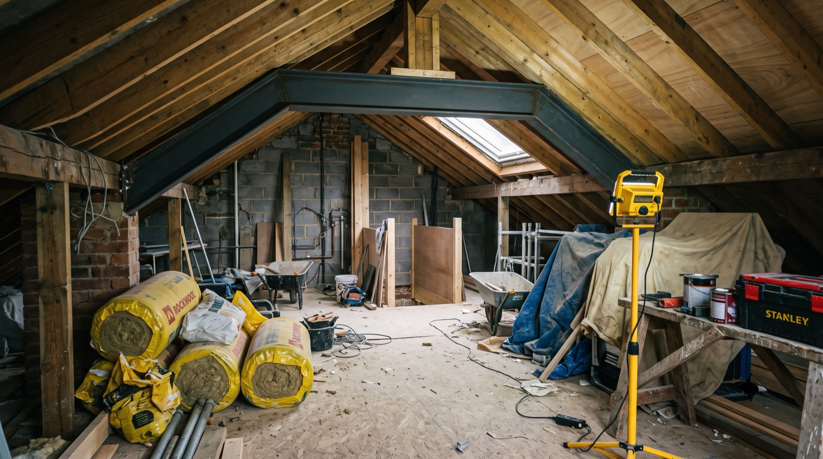 Loft conversion mid-build: steel beam, rafters and insulation ready for boarding