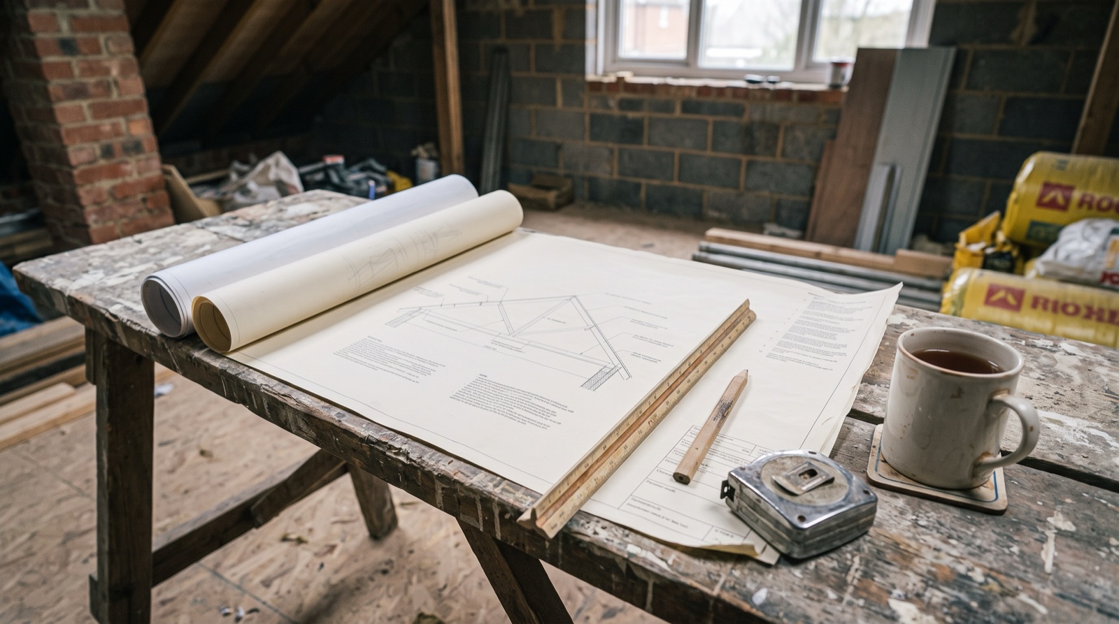 Roof section drawings, scale rule and tape measure on a builder's trestle table