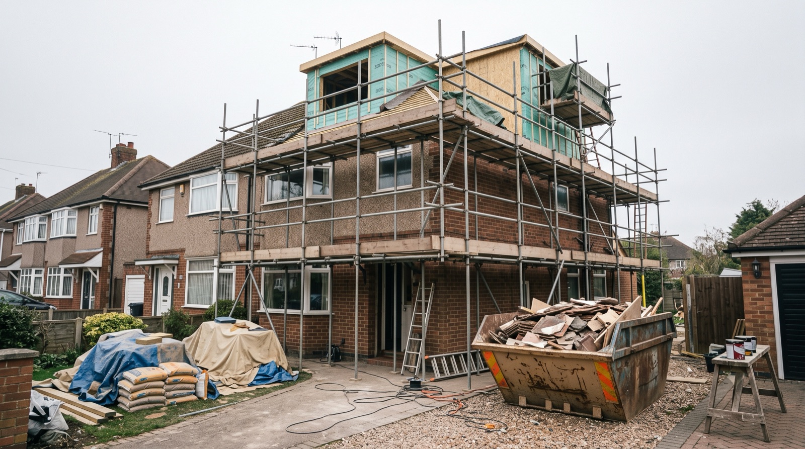 Scaffolded 1930s semi with a rear dormer loft conversion taking shape