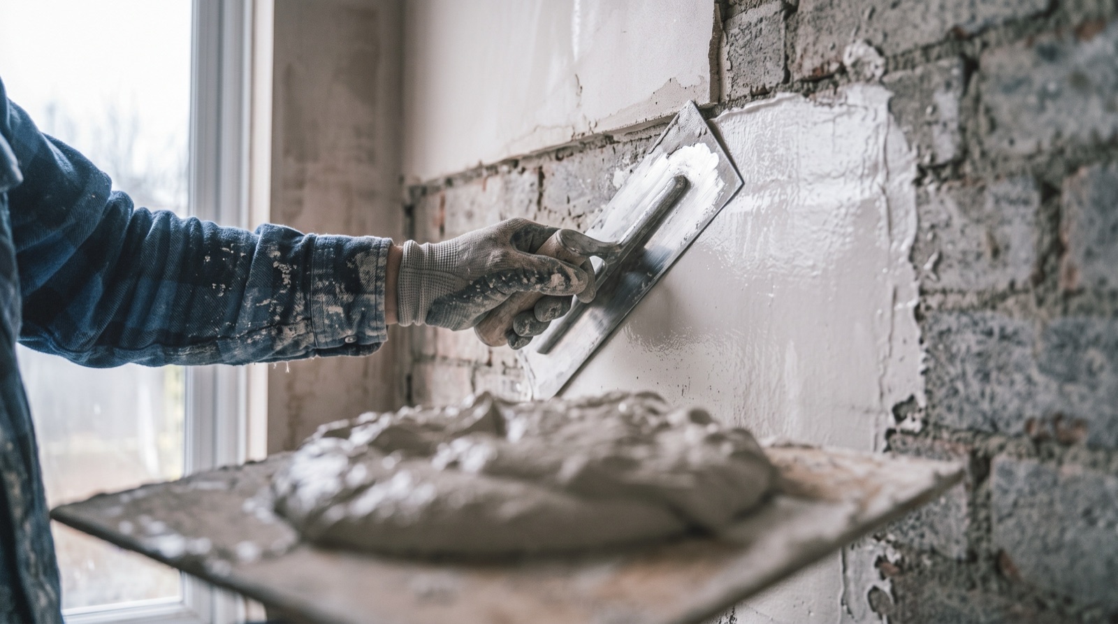 Skim coat being trowelled smooth across an internal wall