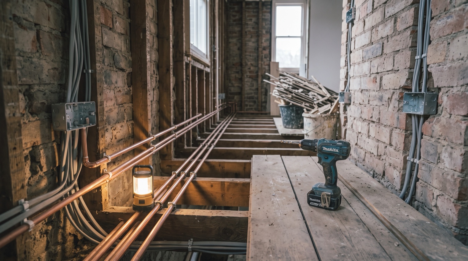 First fix: new copper pipework and electrical cables run through exposed joists